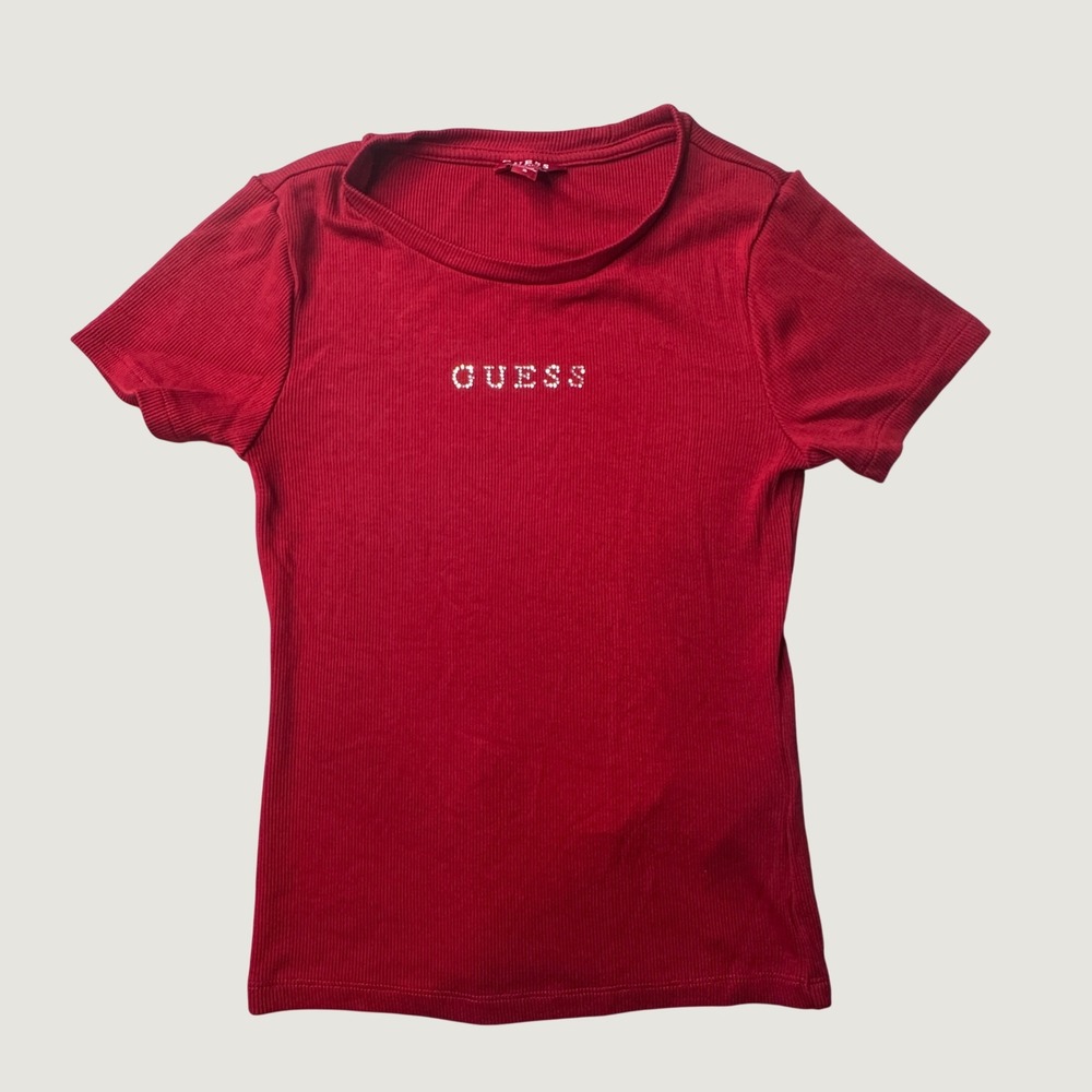Guess T-Shirt Womens Small Red Rhinestone Logo Ribbed Knit Slim Fit Crew Neck